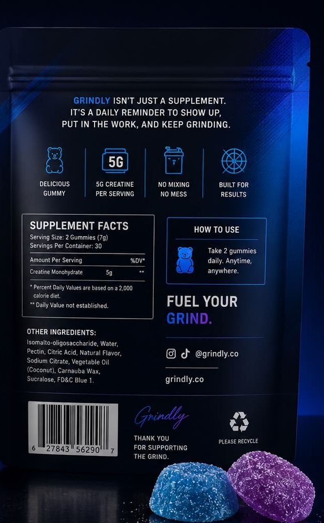 Grindly Creatine Gummies — Blue Raspberry pouch (back)