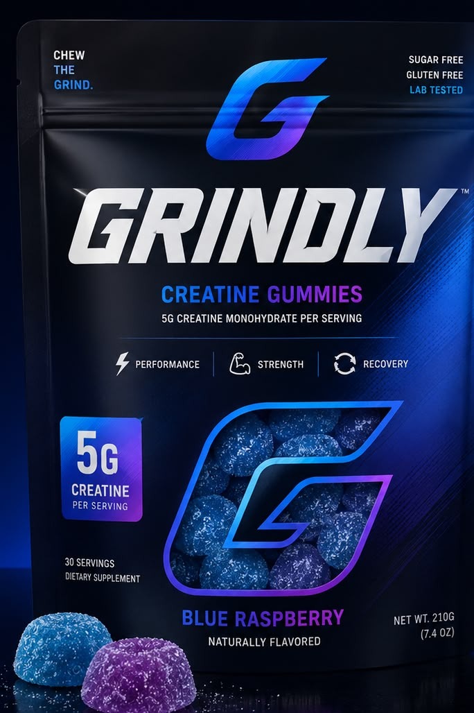 Grindly Creatine Gummies — Blue Raspberry pouch (front)